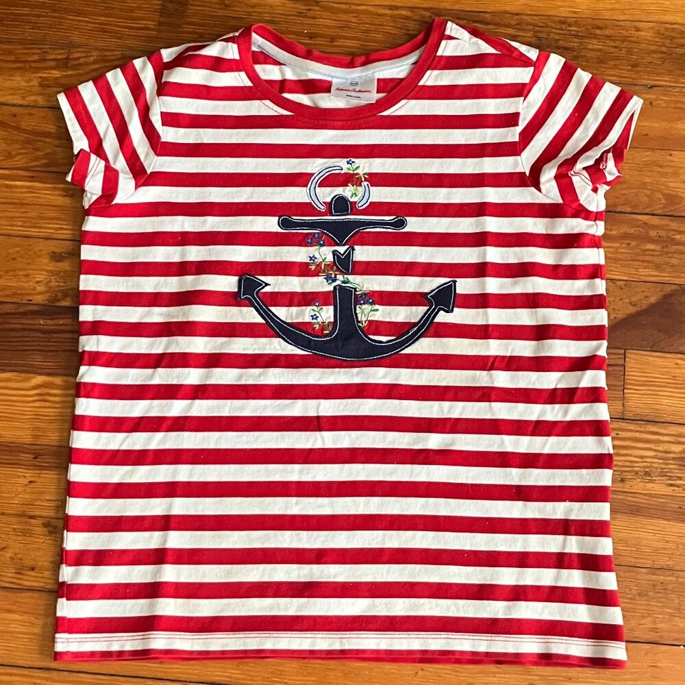 Hanna Andersson Striped Anchor Red White Short Sleeve Top Girls Size 14 16 OEKO